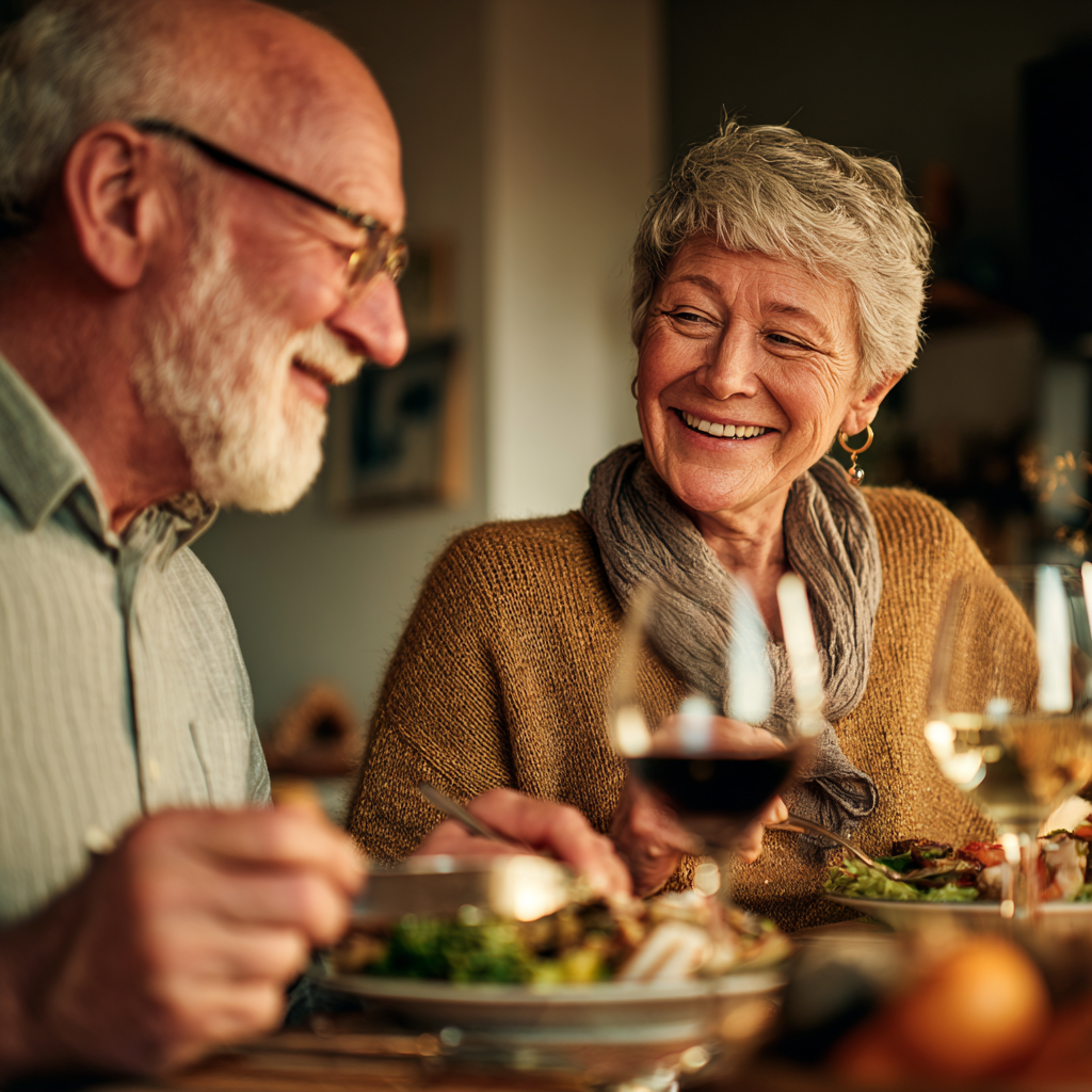 Happy senior couple in their sixties enjoying healthy meal together at dining table
