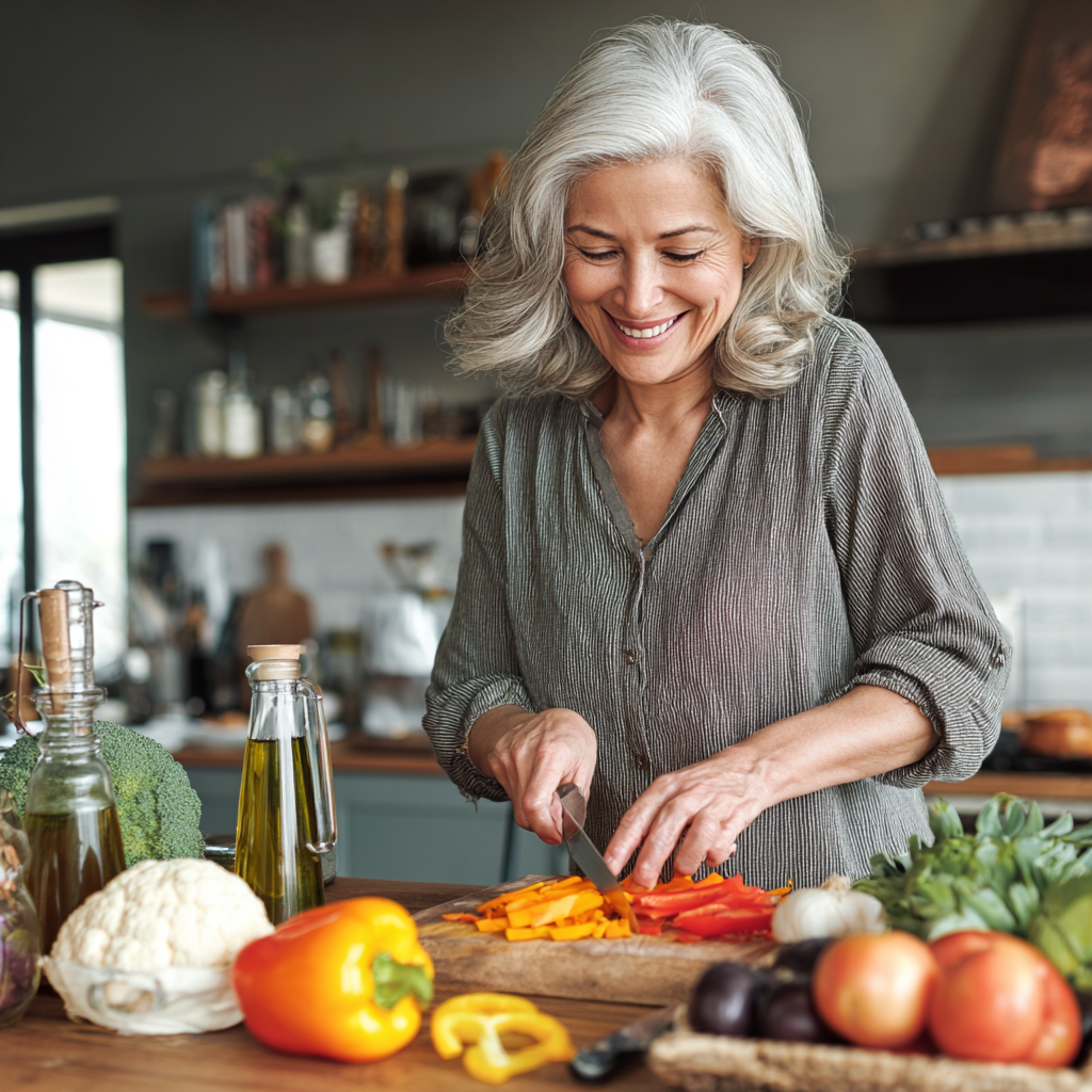 Mature woman in her fifties preparing healthy colorful meal in modern kitchen